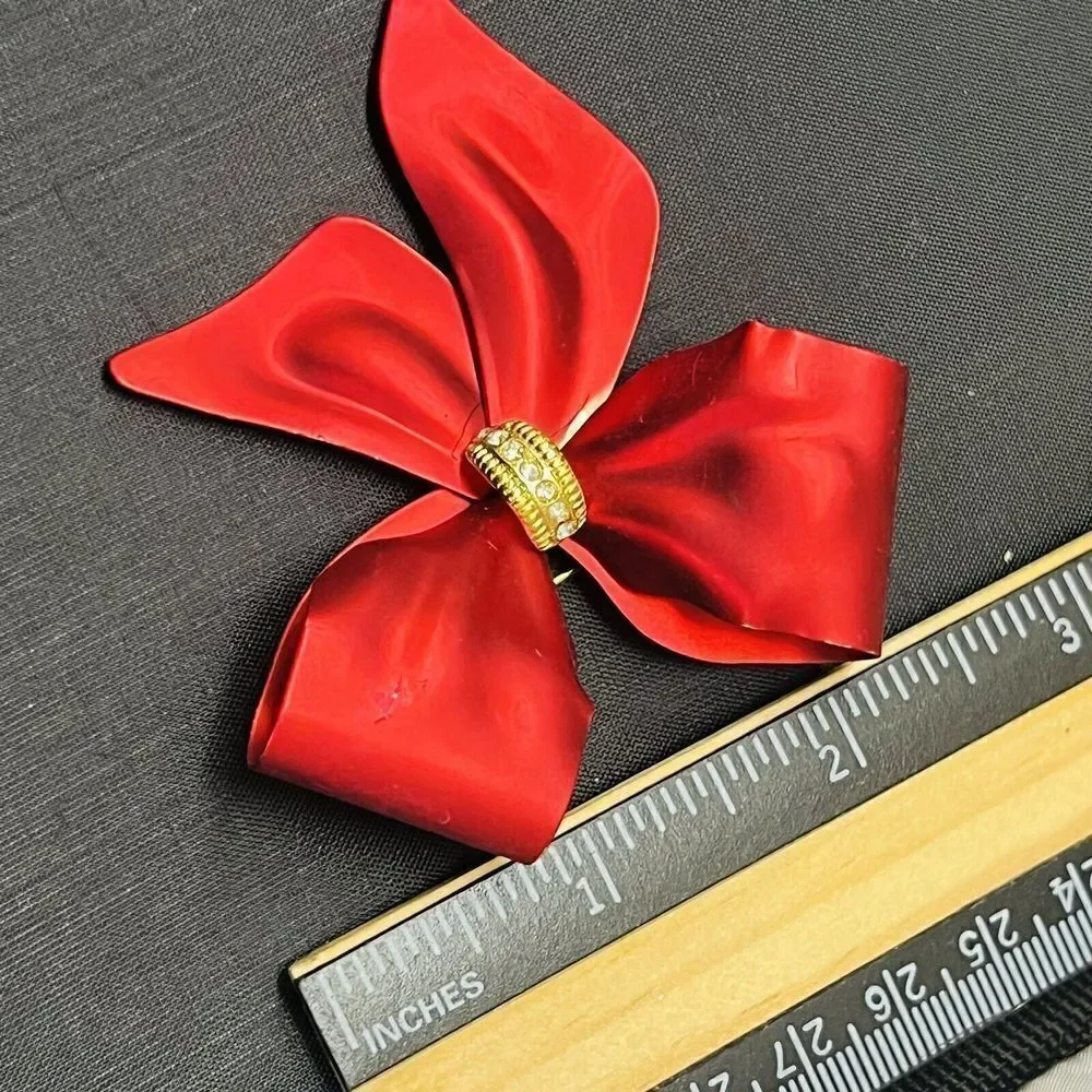 Vintage RED Metalic Satin Bow Ribbon Brooch Pin Crystal Accent Large Matte 1426